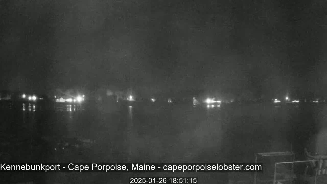 A nighttime, low-light view shows a calm body of water reflecting the faint lights of a distant town across the water.