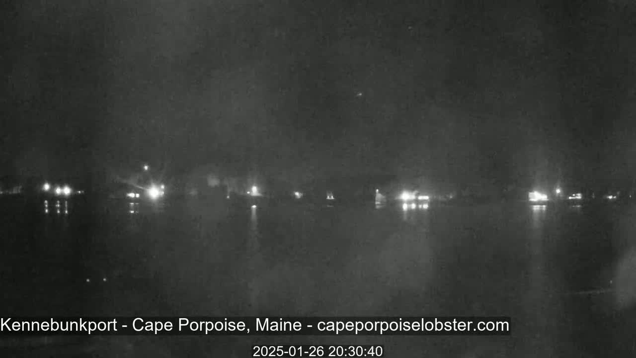 A nighttime, low-light view shows a calm body of water reflecting the faint lights of a distant shoreline.