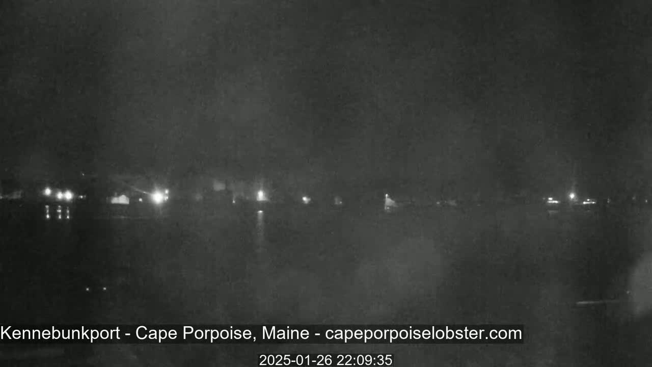 A nighttime low-light image shows a dark body of water with faintly visible lights on the opposite shore under a cloudy sky.