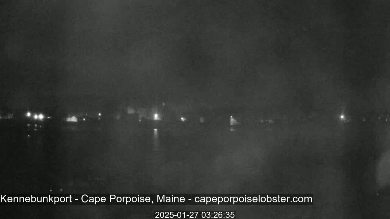 A nighttime, low-light image shows a dark body of water with faintly visible lights on the opposite shore under a cloudy sky.