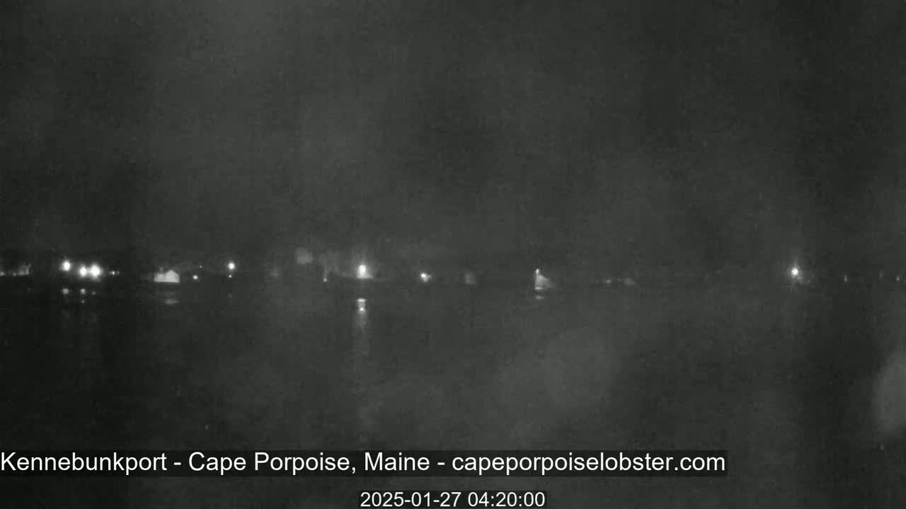 A nighttime, hazy view of a calm body of water with a faint line of lights visible on the far shore.