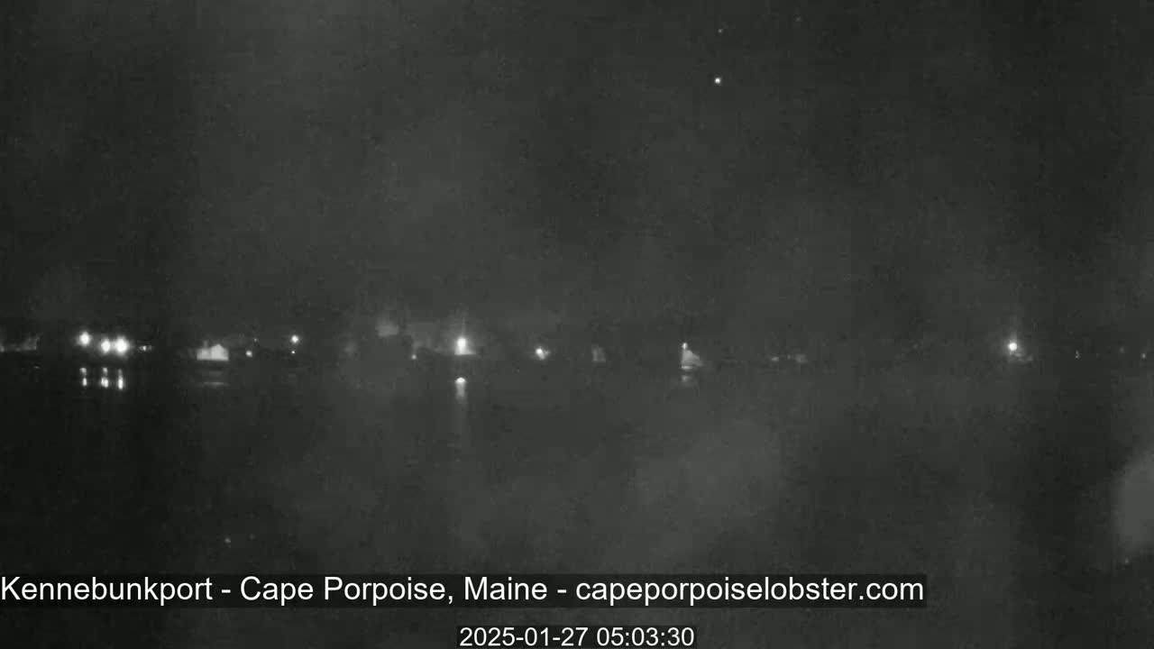A nighttime, hazy view shows a dark body of water with faintly lit buildings and lights on the far shore.