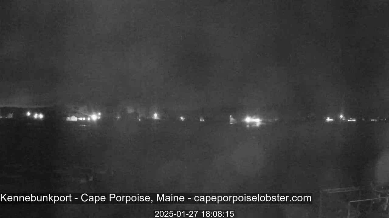 A nighttime long shot shows a dark, overcast sky over a dimly lit shoreline with scattered lights.