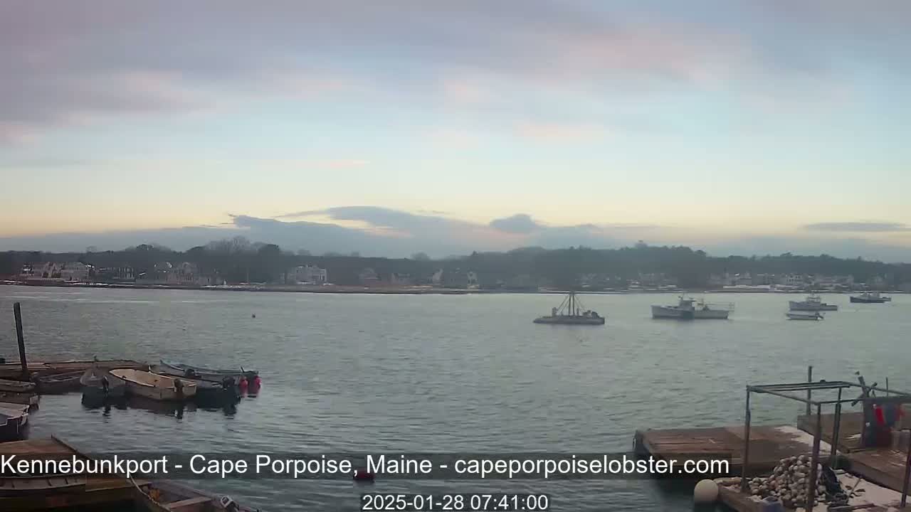 Several boats are moored near a waterfront town under a mostly clear, pale sky at dawn.