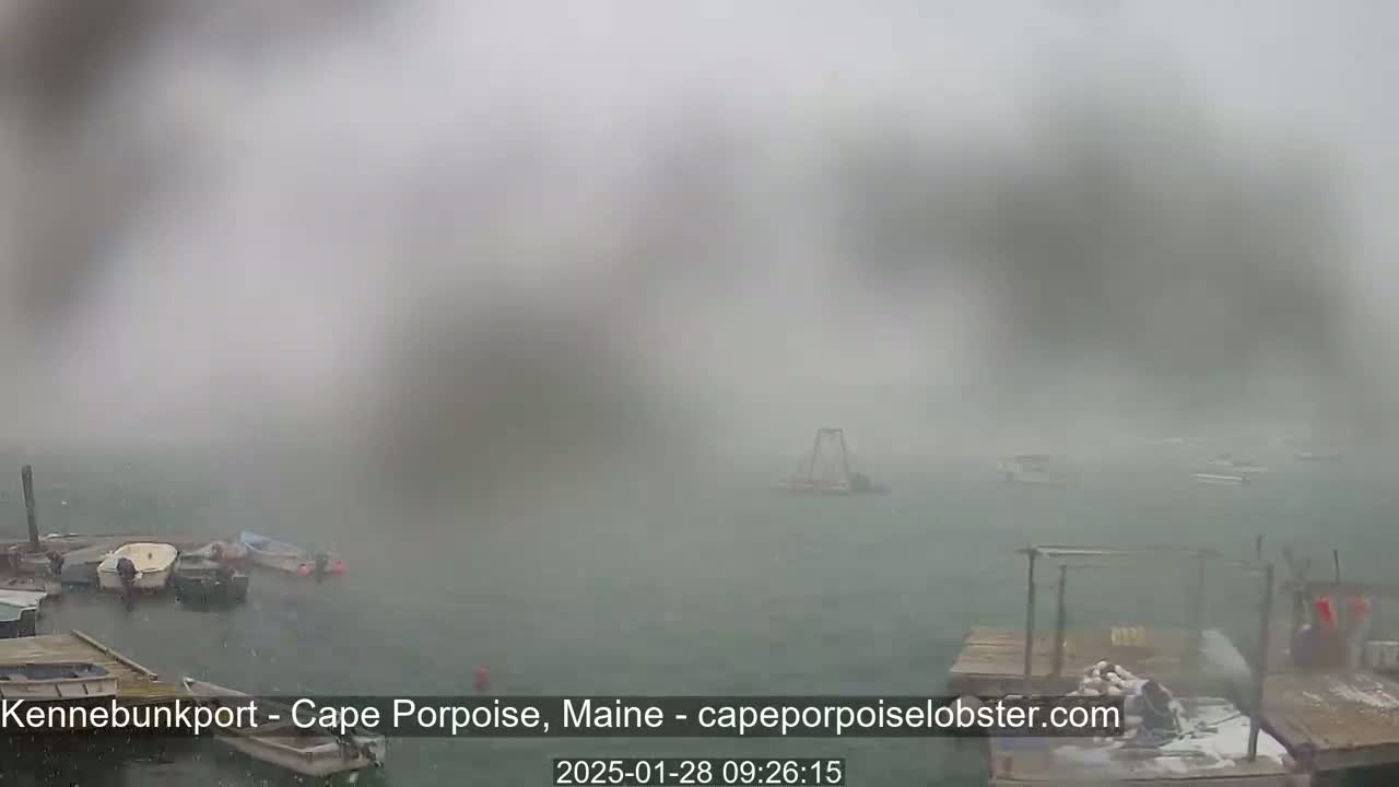 A foggy, snowy day shows several small boats moored at a dock in a harbor, with a larger vessel visible further out in the water.