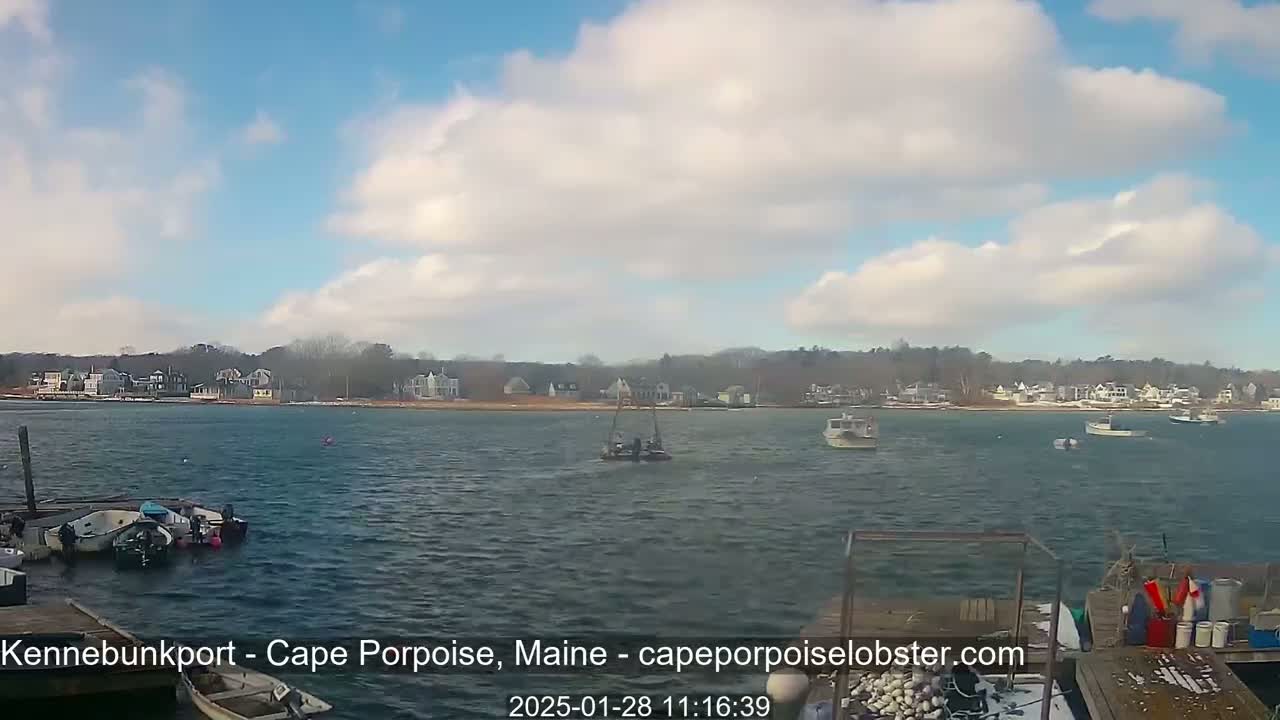 A calm body of water shows several small boats near a dock in front of a shoreline with houses under a partly cloudy sky.