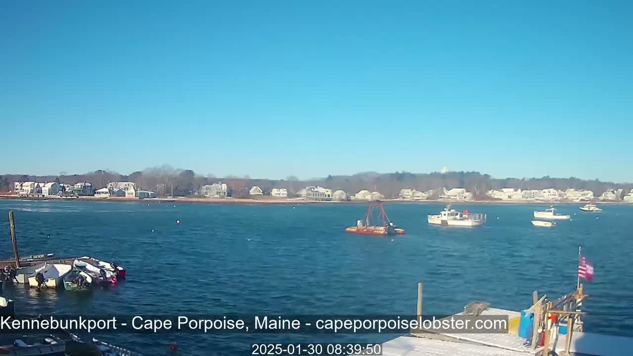 A calm, sunny day shows a body of water with several boats, including fishing vessels, near a shoreline with houses and trees.