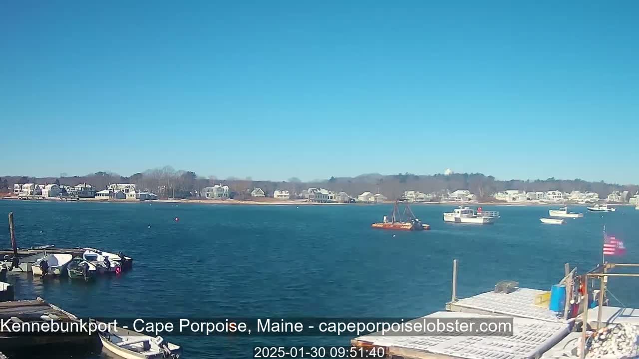 A calm, sunny day shows a harbor with several boats, a small barge, and a shoreline with houses under a clear blue sky.