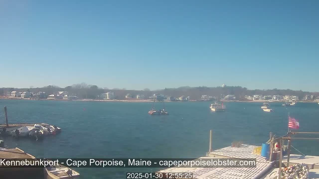 A sunny day shows a calm body of water with several boats, a snow-covered shoreline with houses, and a distant tree line.