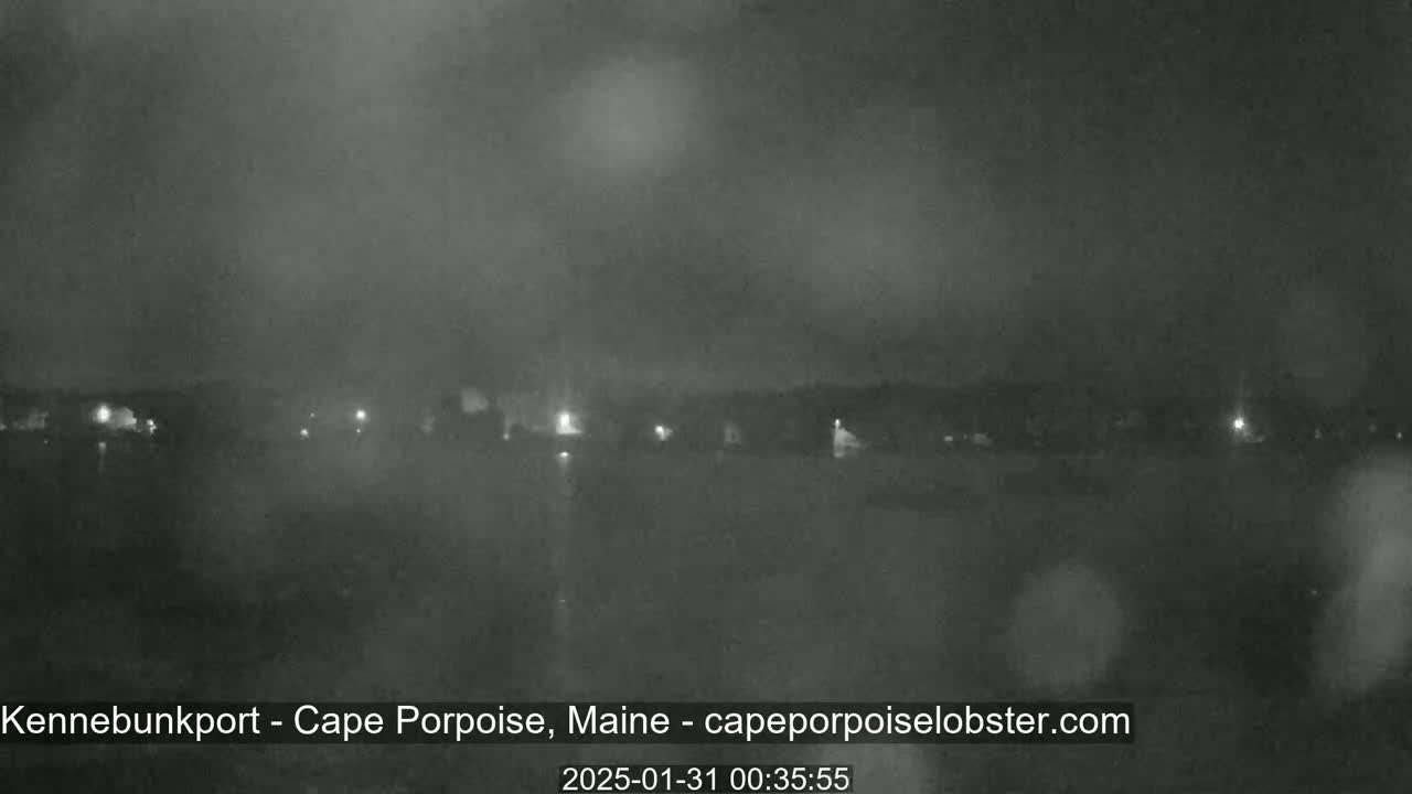 A nighttime, hazy view shows a dark body of water reflecting faint lights from a distant shoreline.