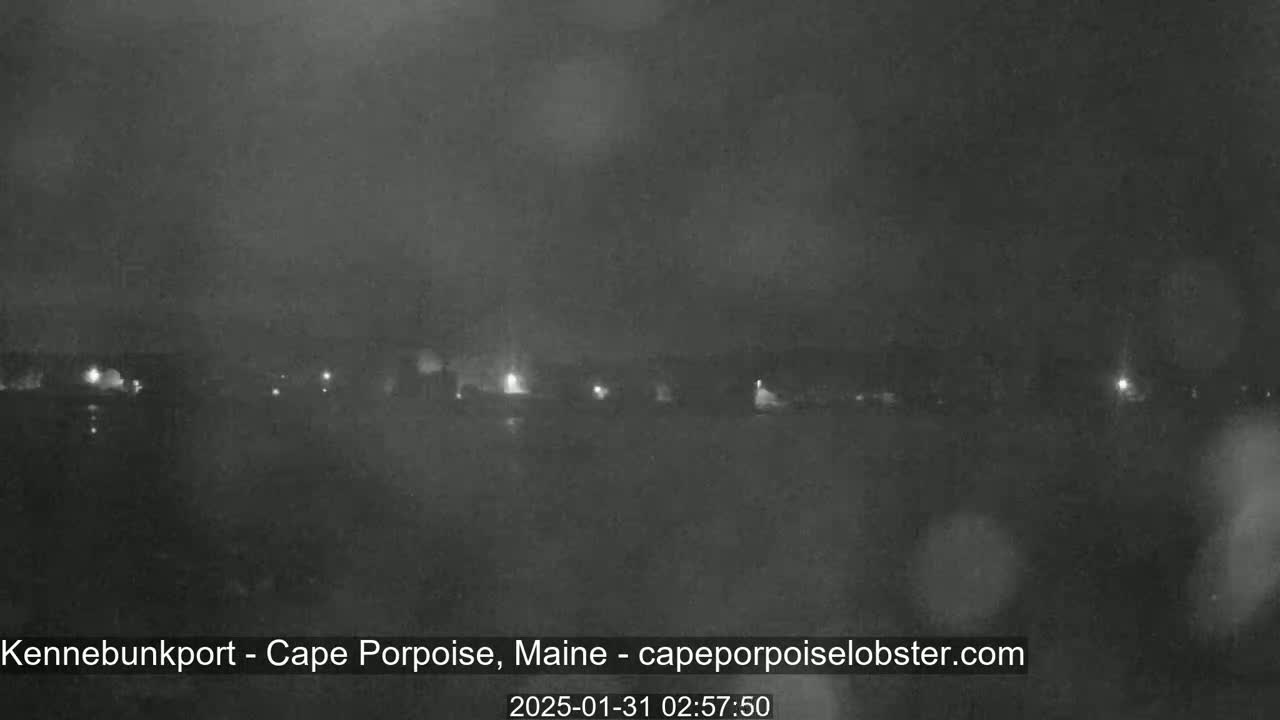 A nighttime, blurry view of a dimly lit waterfront area under a dark, possibly overcast sky.