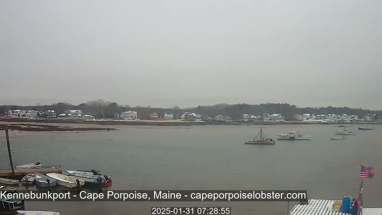 A calm body of water shows several boats, including some docked at a pier, with a snow-dusted shoreline and houses in the background under an overcast sky.