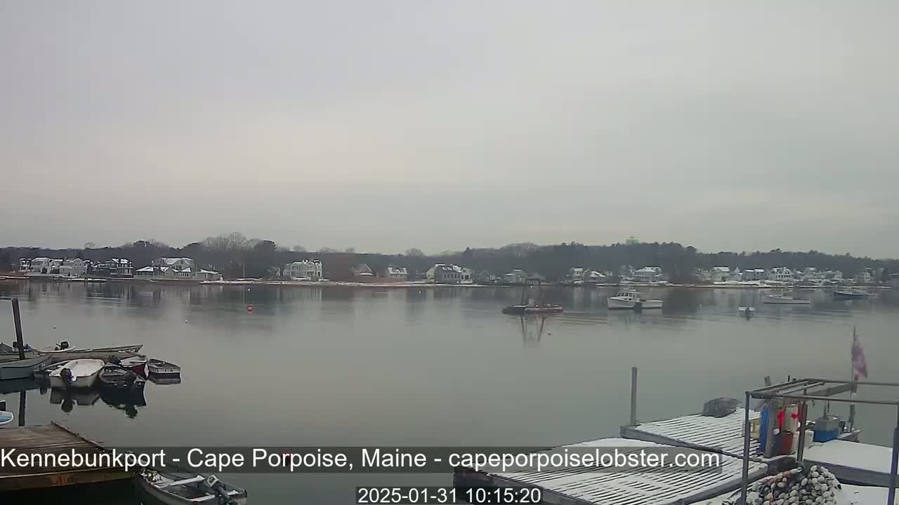 A calm, overcast day reveals a snow-dusted waterfront town with boats moored at a dock and others in the water.