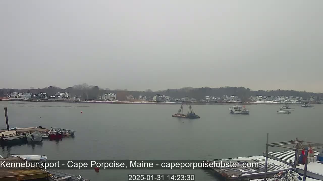 A calm body of water with several boats and a snow-covered shoreline under an overcast sky.