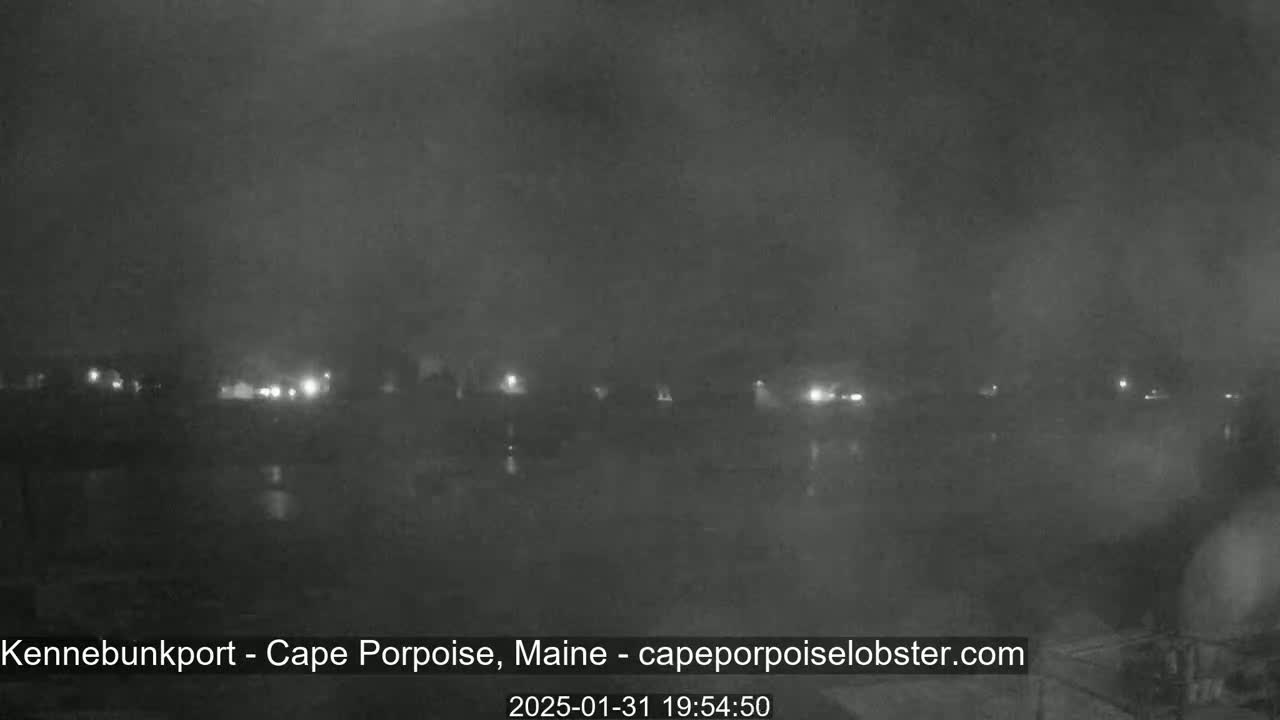 A nighttime, hazy view shows a dark body of water reflecting faint lights from buildings in the distance.