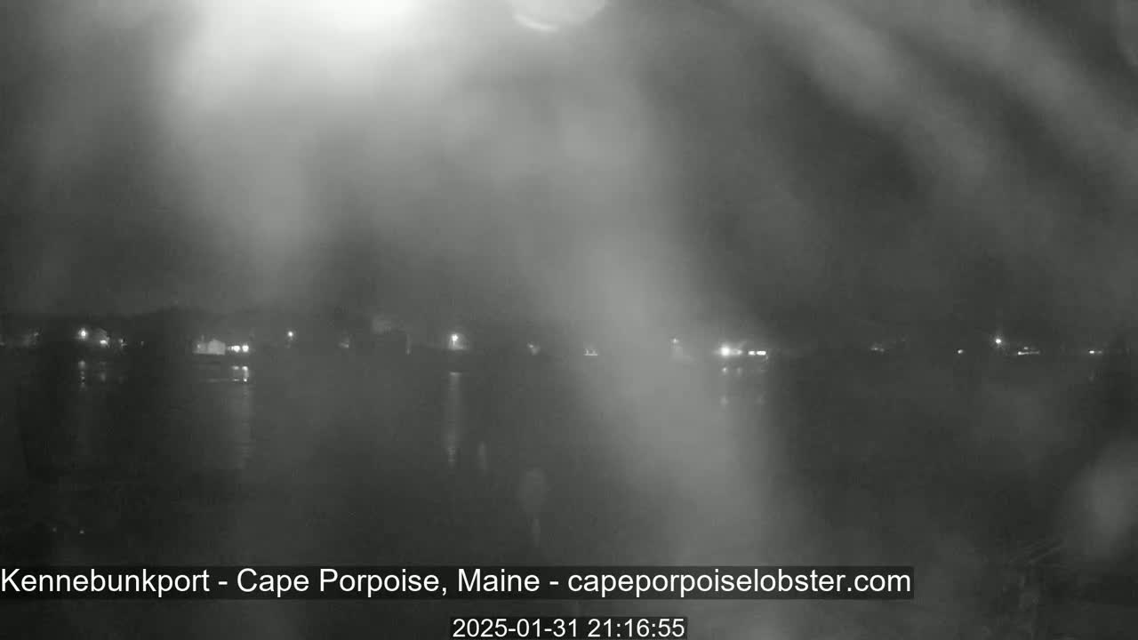 A nighttime, foggy view of a body of water with faintly visible lights across the far shore.