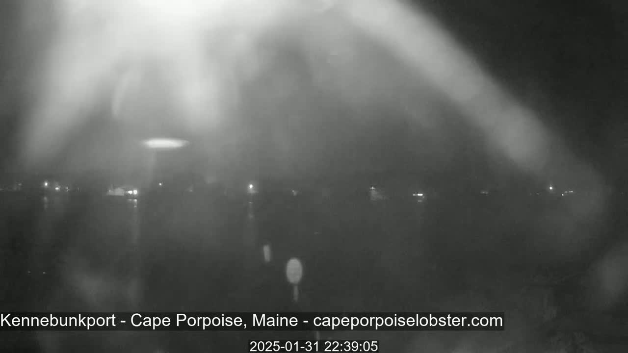 A nighttime, foggy view of a shoreline with faint lights visible in the distance.
