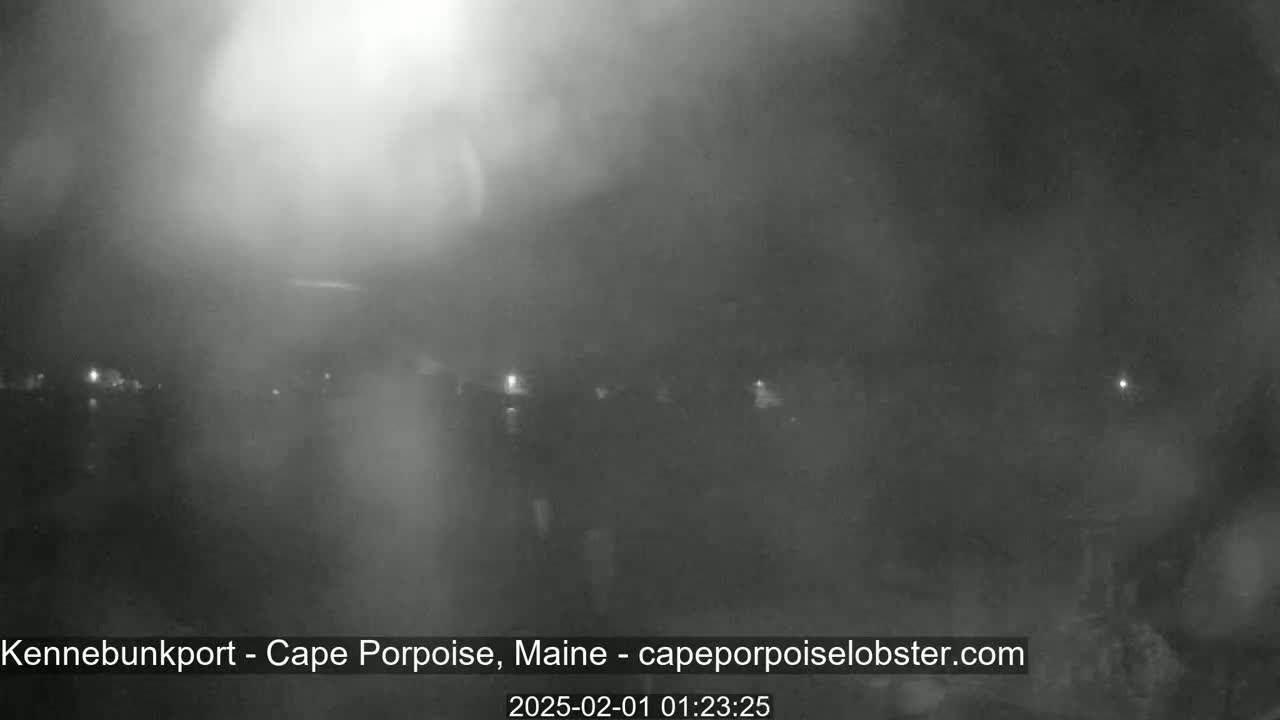 A blurry, nighttime, low-light view of a hazy or foggy scene with distant lights.