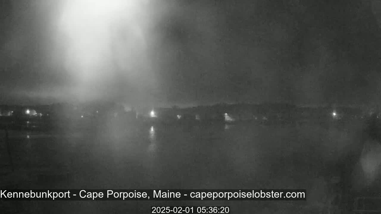 A foggy, nighttime view shows a dimly lit waterfront town with a bright light source in the upper center.