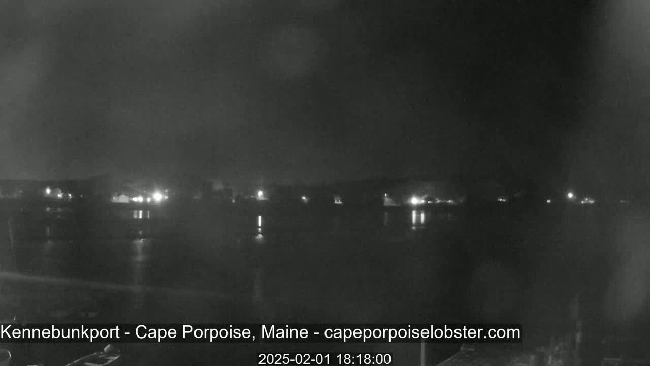A nighttime, low-light view of a dark body of water with faintly visible lights on the opposite shore.