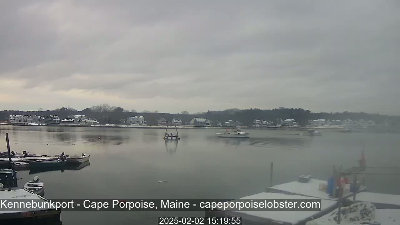A calm body of water with snow-covered houses and boats in the background under an overcast sky.