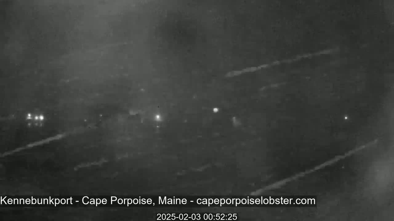 A nighttime, low-light image shows a dark, possibly overcast or foggy scene with several faint lights visible in the distance.