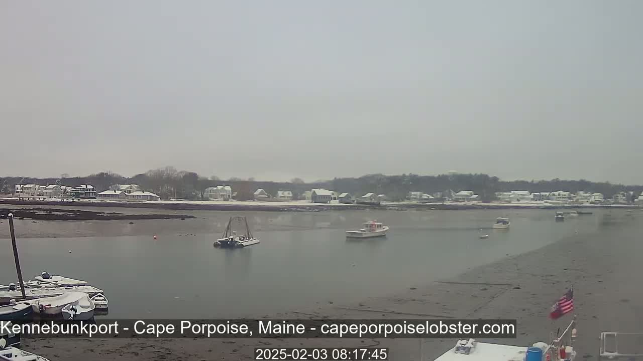 A snow-covered coastal town is seen across a calm body of water, where several boats are moored near a shoreline.