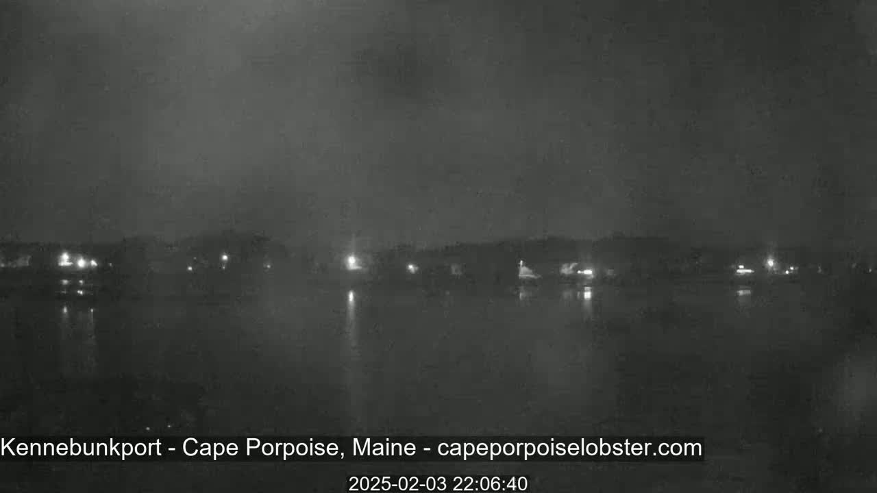 A nighttime, overcast view shows a calm body of water reflecting the dim lights of a shoreline.