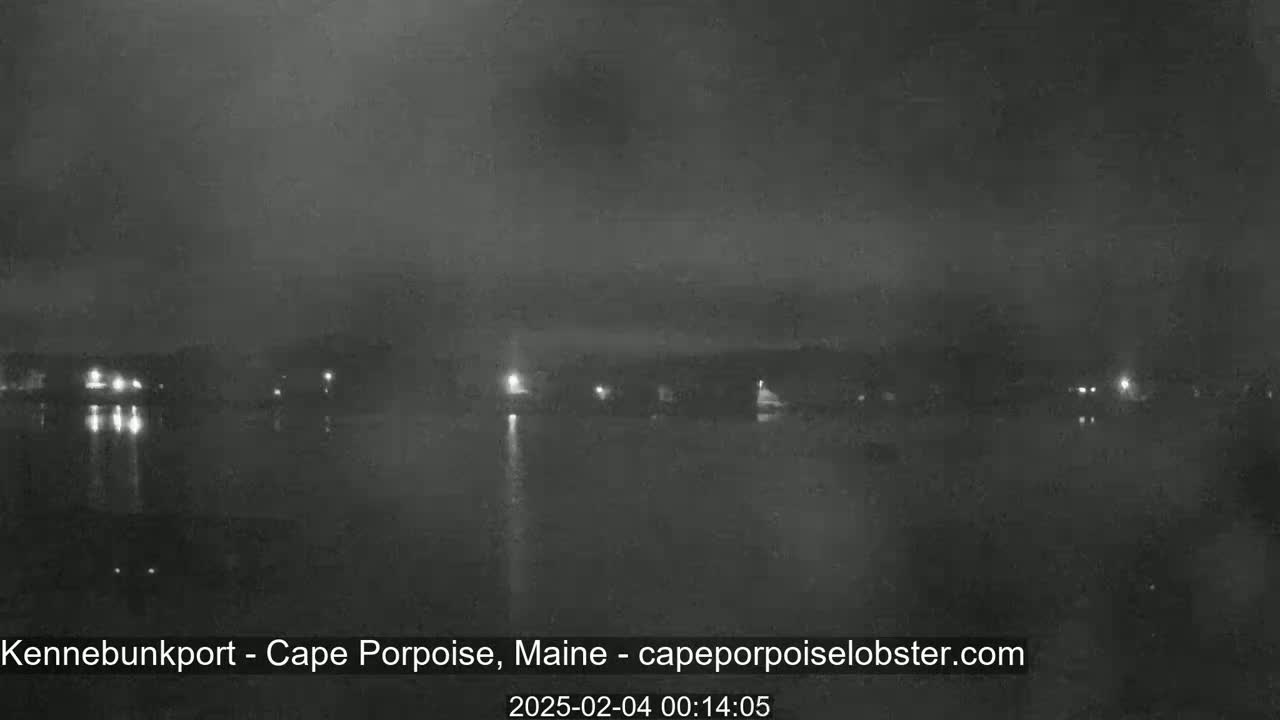 A nighttime, hazy view of a calm body of water with faintly visible lights across the far shore.