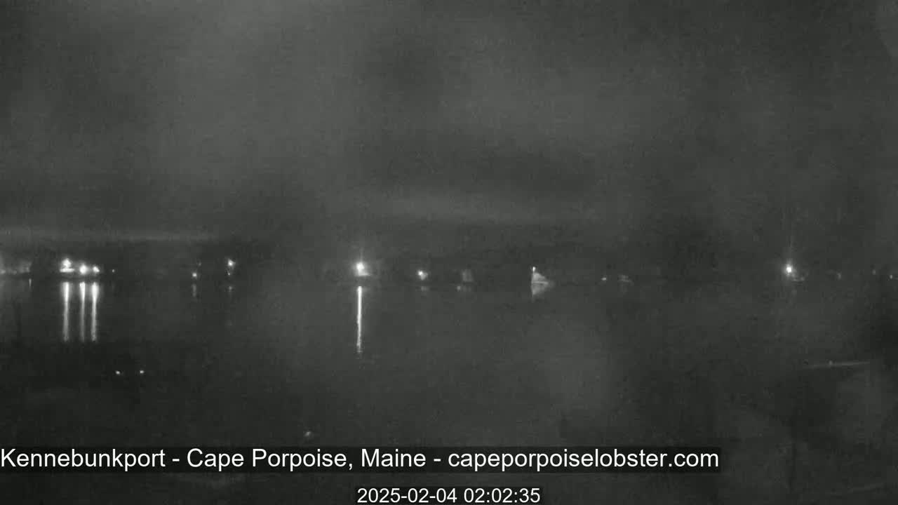 A nighttime, dark, and hazy view of a body of water with faint lights on the opposite shore.