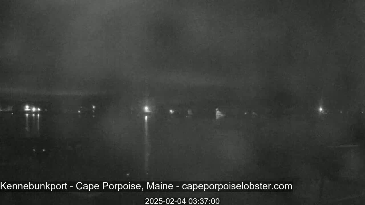 A nighttime, hazy view of a body of water with faint lights visible along the shoreline.