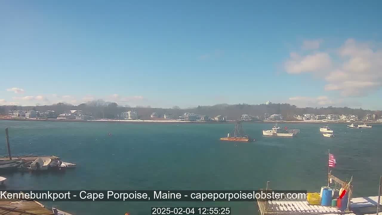 A calm body of water with several small boats and a shoreline of houses with snow on the ground under a mostly sunny sky.