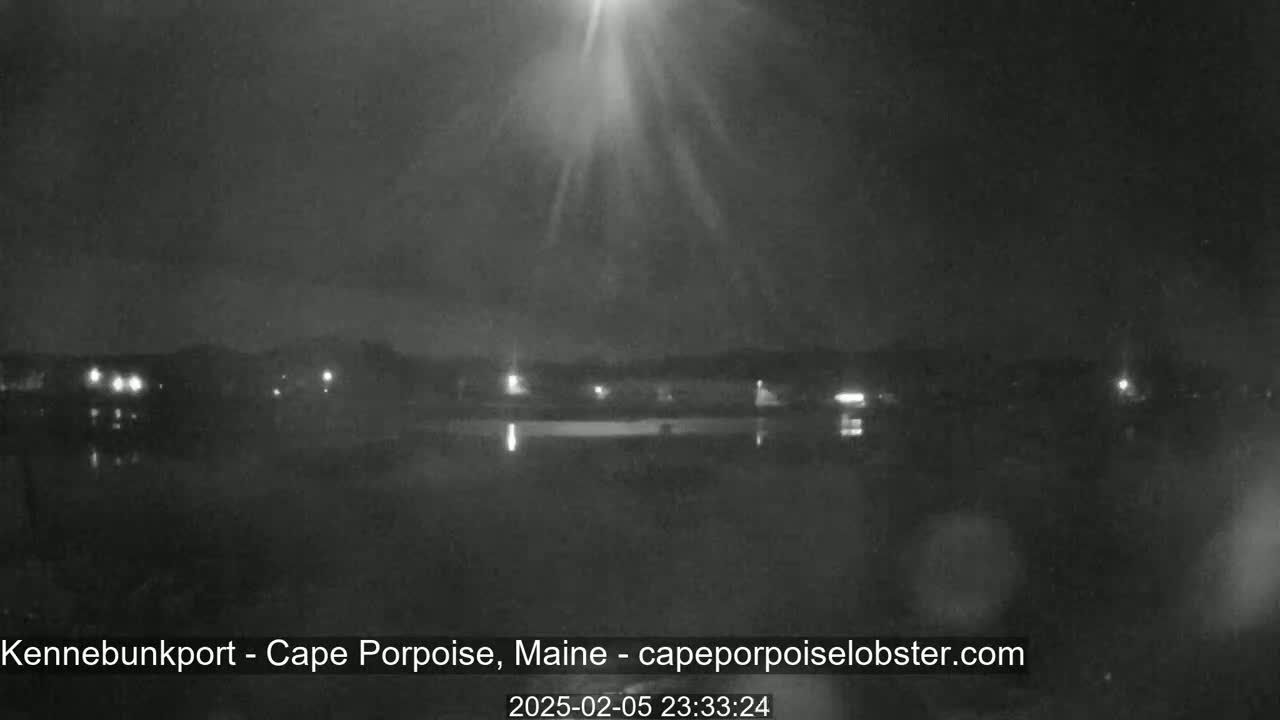 A nighttime, low-light view of a calm body of water with a distant shoreline showing scattered lights under a dark sky with a bright light source in the center.
