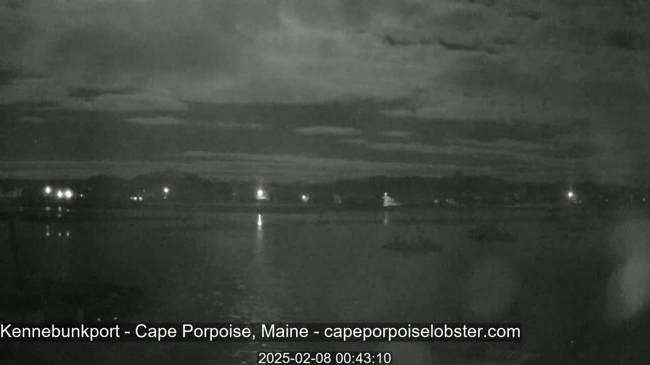 A nighttime, cloudy scene shows a body of water reflecting the lights of a distant town.