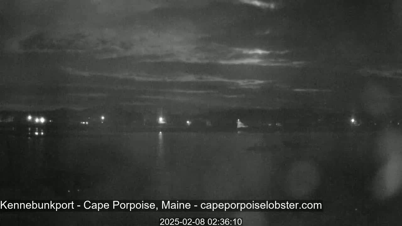 A nighttime, overcast view of a calm body of water with faintly lit land in the distance.
