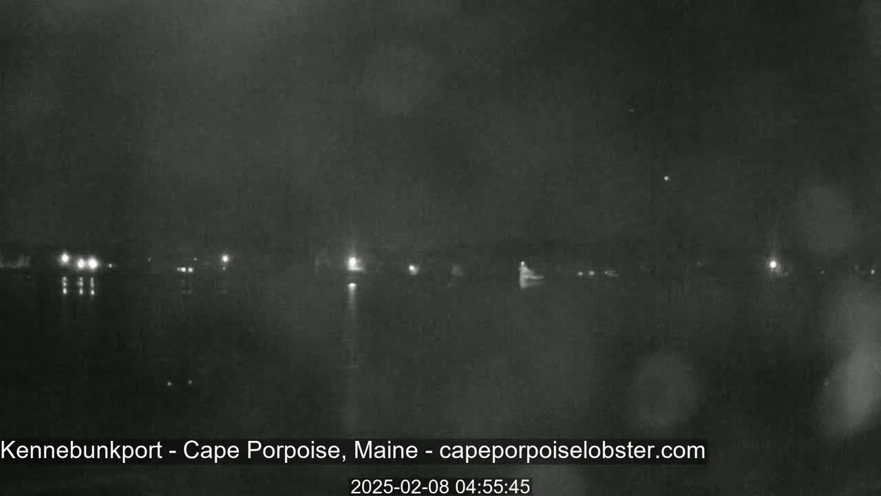 A nighttime, low-light view shows a dark body of water with faint lights visible on the opposite shore.