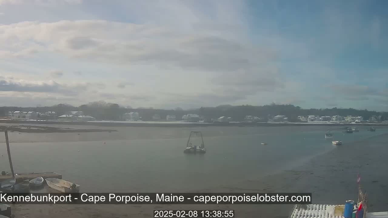 A partly cloudy day shows a calm body of water with several small boats, a distant shoreline with houses, and snow on the ground.