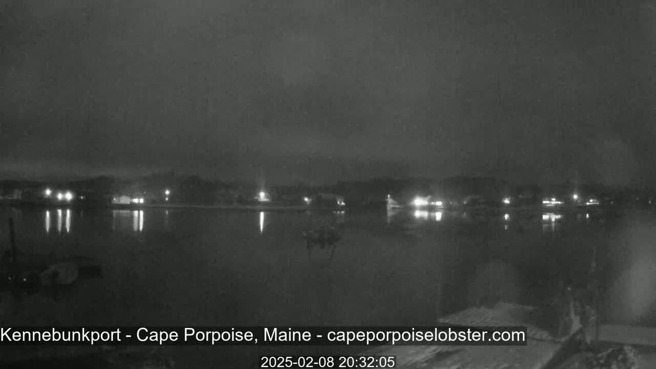 A nighttime, low-light view shows a body of calm water reflecting the lights of a distant town under an overcast sky.