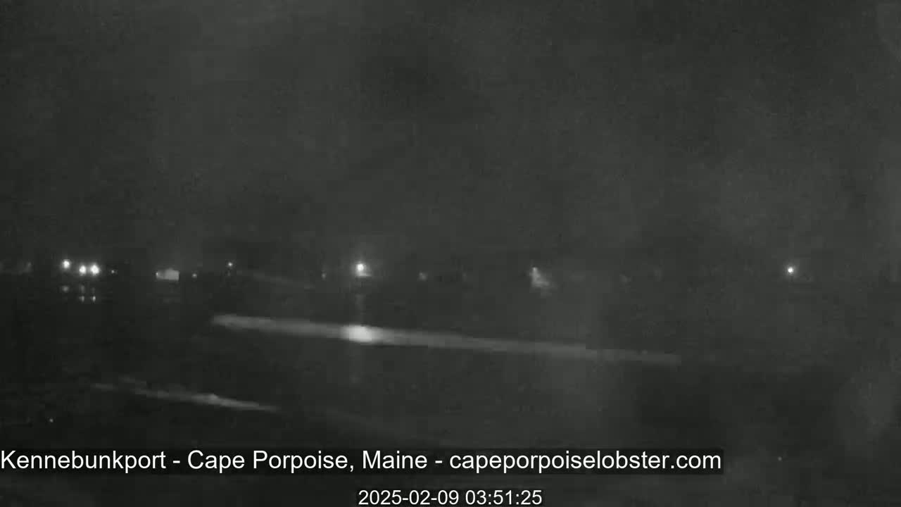 A nighttime, low-light view of a dark, possibly foggy or overcast, waterfront area with a few distant lights visible.