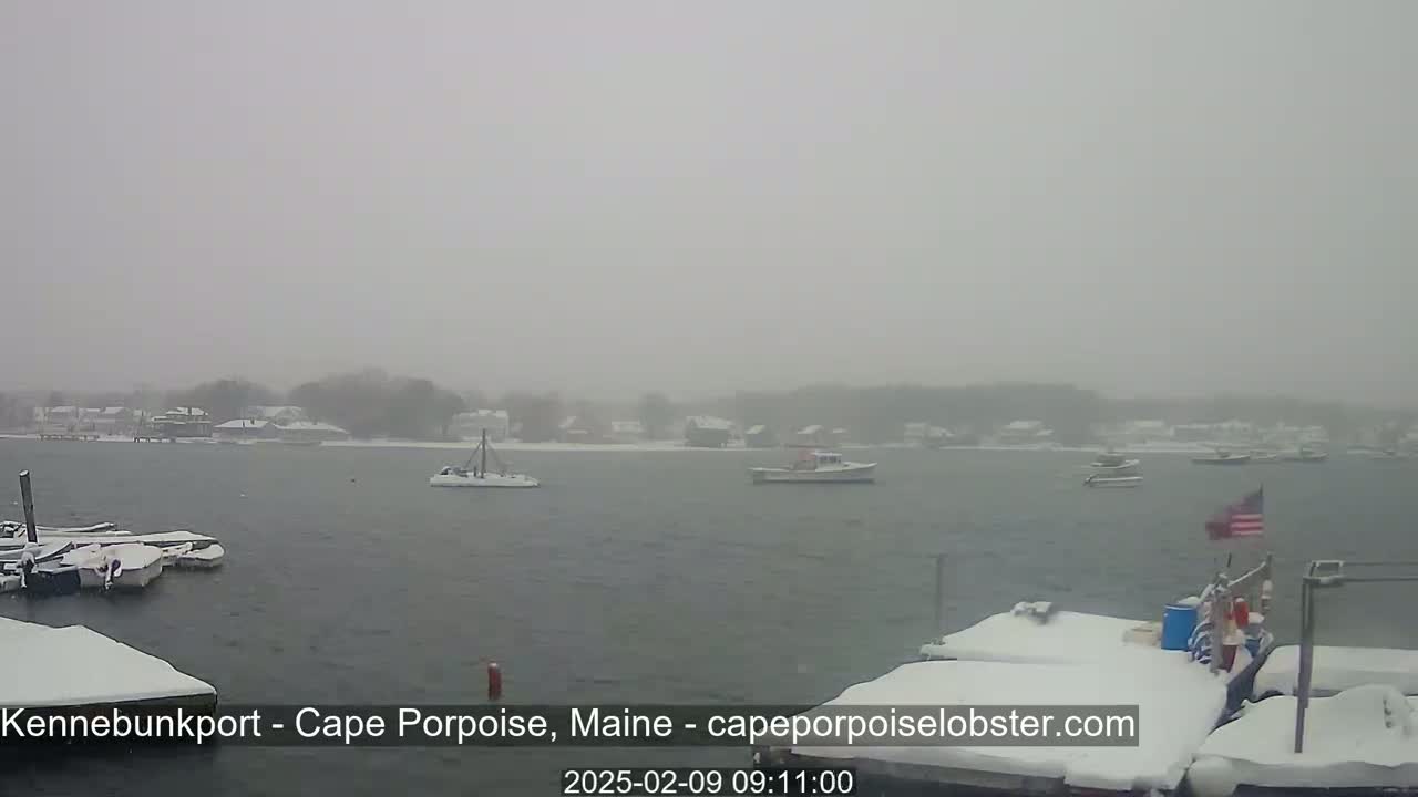 A snow-covered harbor scene shows several boats moored and afloat in the midst of a heavy snowfall.