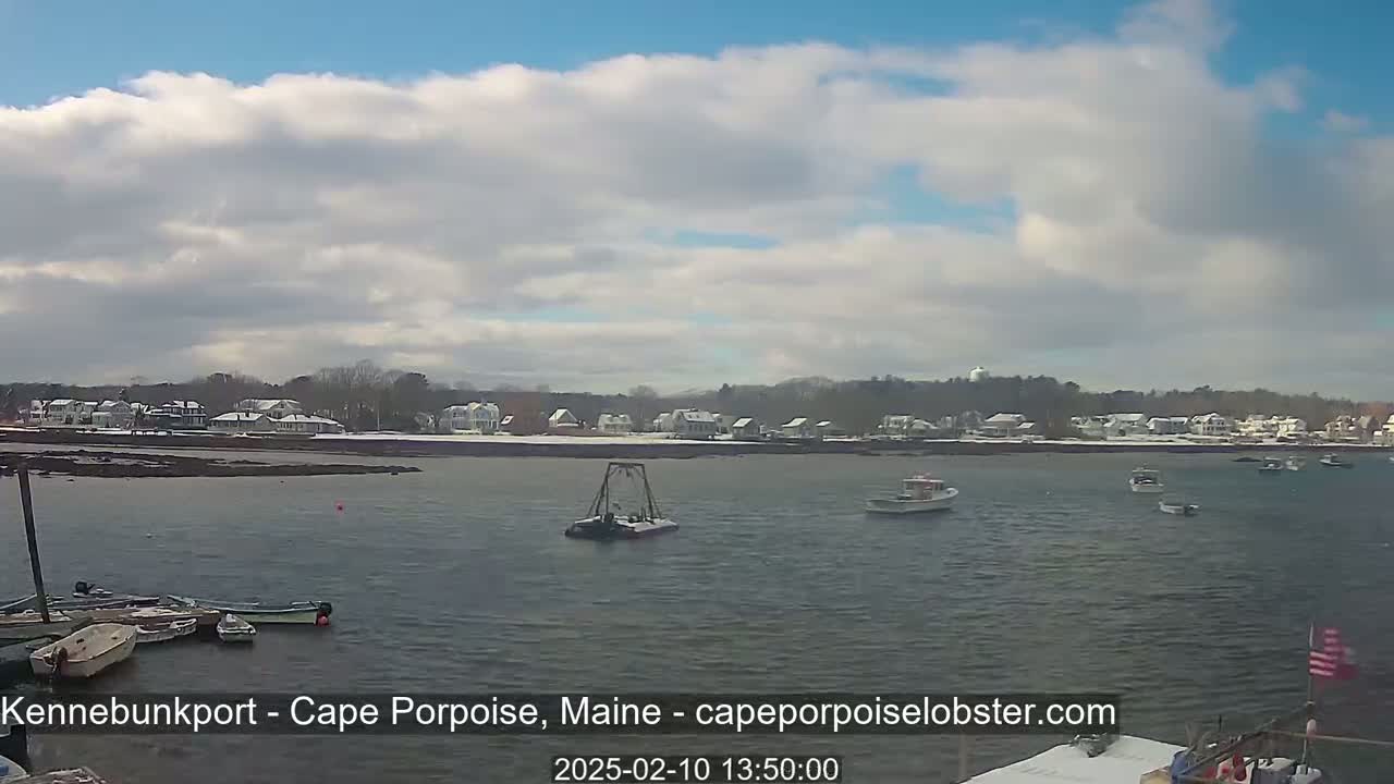 A partly cloudy day shows a harbor with several small boats and a town with snow-covered houses and trees in the background.