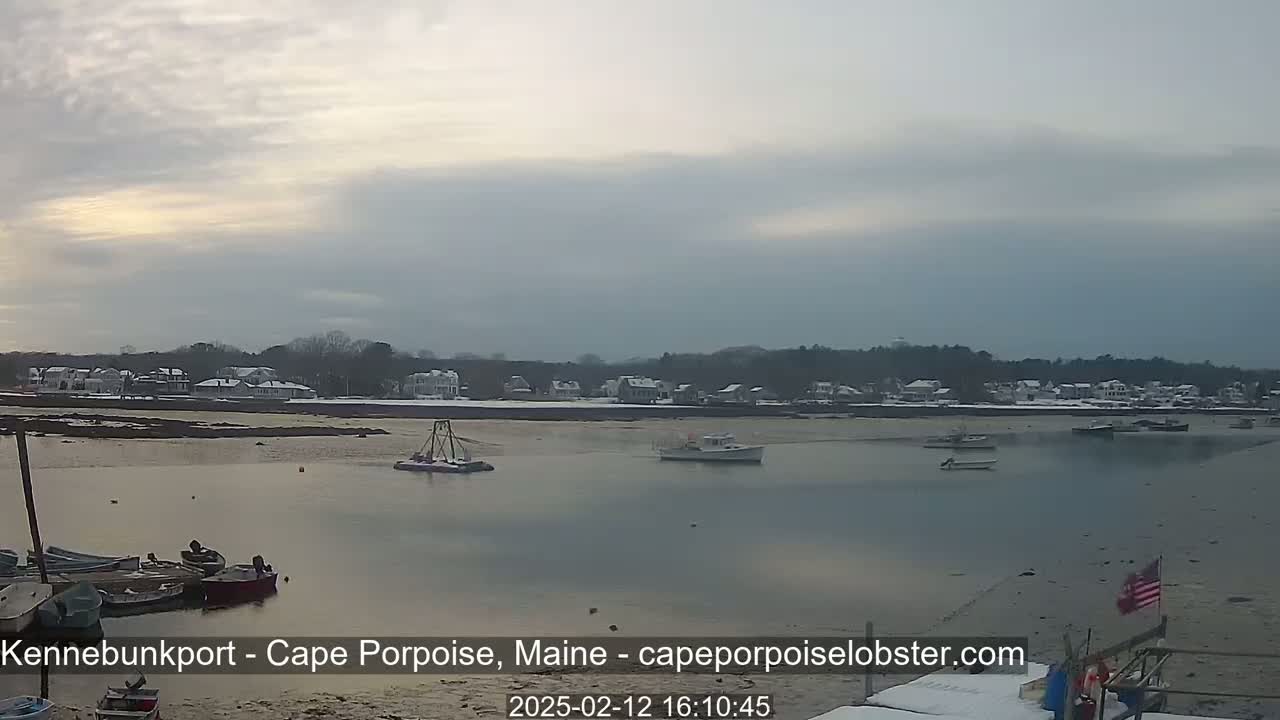 A calm, overcast day reveals a harbor with several boats, a snow-dusted shoreline, and houses in the background.
