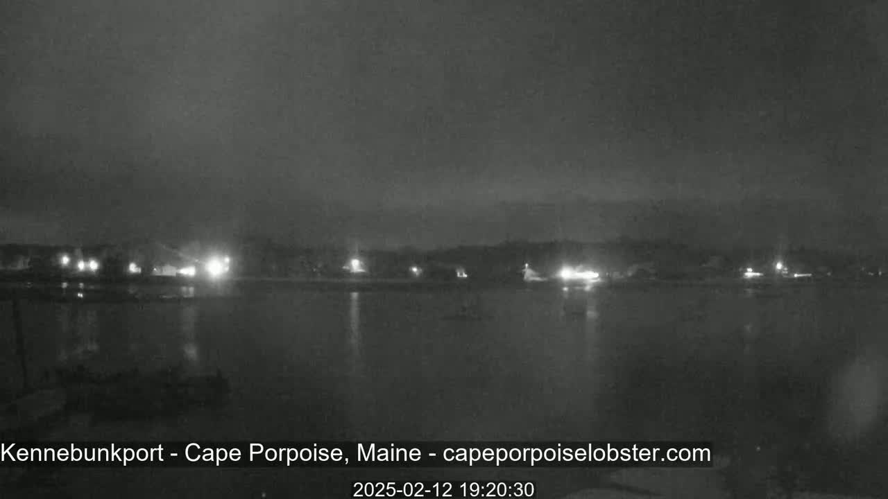 A nighttime, low-light view shows a dark body of water reflecting a faintly lit shoreline.