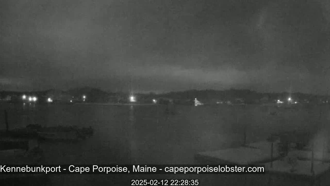 A nighttime, overcast view of a calm body of water with a dark shoreline and faintly visible lights across the water.