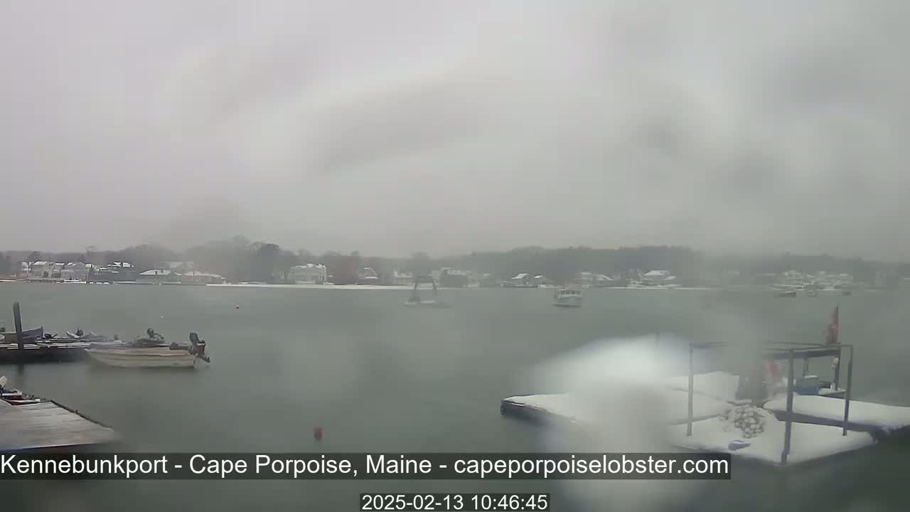 A snow-covered harbor with several boats and docks is visible under a gray, overcast sky.