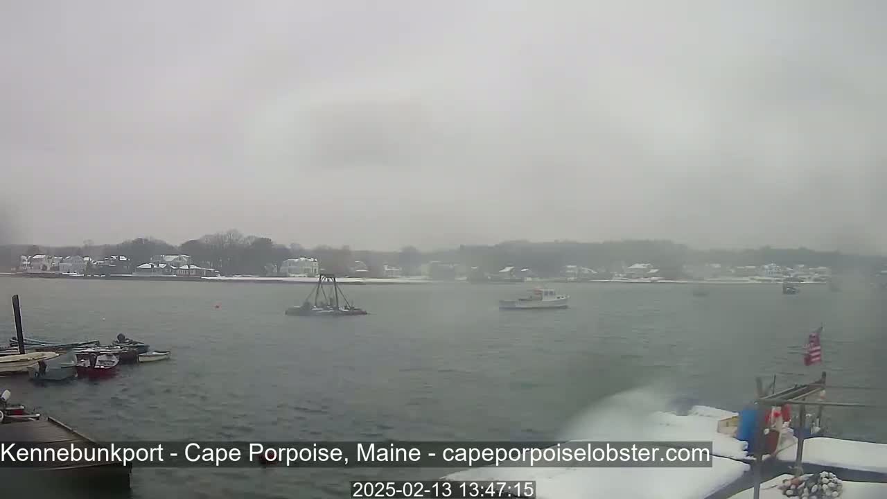 A snow-covered waterfront scene shows several boats on the water, with a town in the background under an overcast sky.