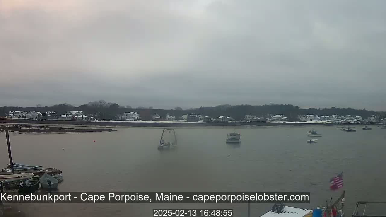 A calm body of water with several boats, a snow-covered shoreline with houses, and an overcast sky.