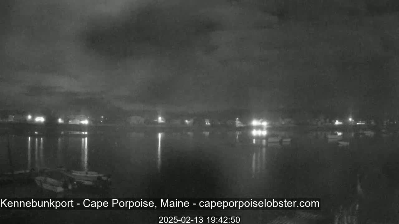 A nighttime, overcast view of a calm body of water reflecting lights from a town across the shore, with several boats moored along the waterfront.