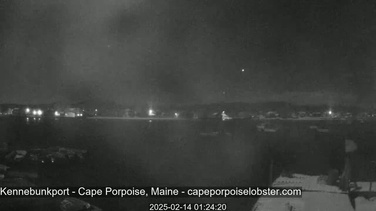 A nighttime, overcast view of a calm body of water with a dimly lit shoreline in the distance.