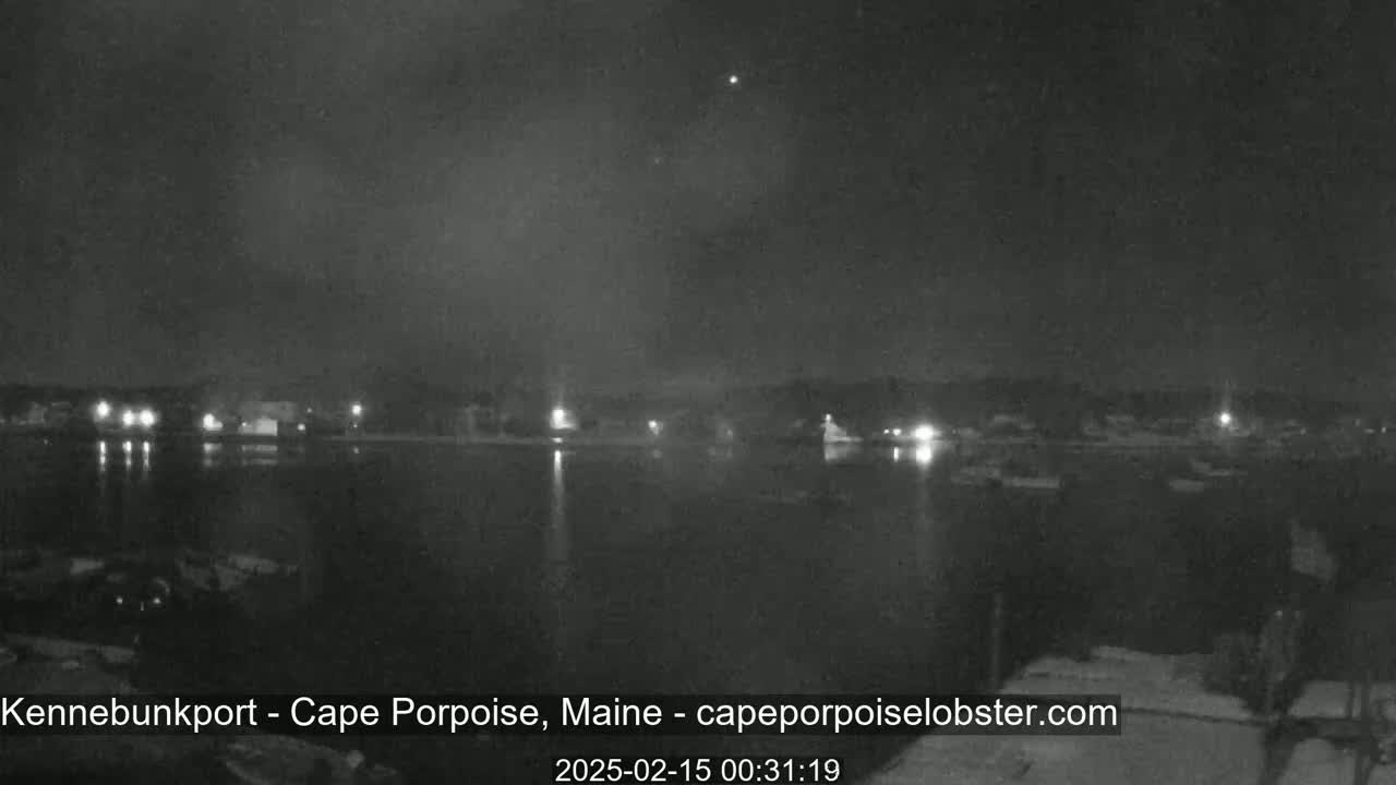 A nighttime view of a calm body of water with dimly lit buildings and trees across the shore under a dark, clear sky.